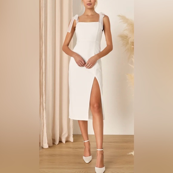 Lulus Dresses & Skirts - Lulu's Cream Midi Dress with Shoulder Ties and Side Slit